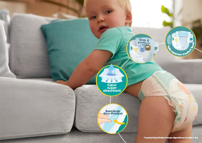 Un lange Baby-Dry avec la poche  stop & protect, des attaches extensibles, un coeur  super absorbant et des barrières anti-fuites