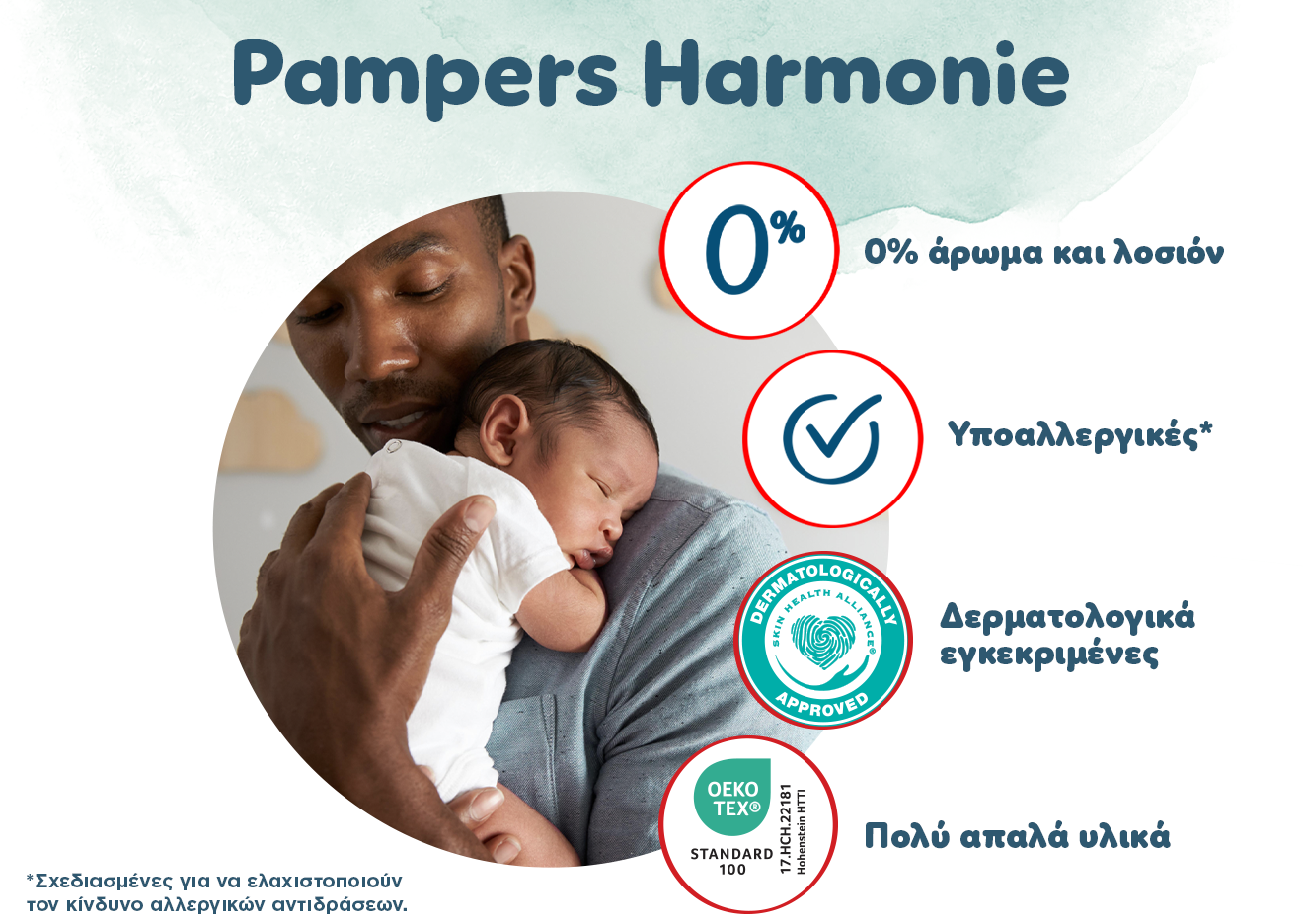 Ένα μωράκι είναι στην αγκαλιά του γονιού του. Δίπλα αναγράφονται τα εξής κείμενα: «Pampers Harmonie, 0% άρωμα & λοσιόν, Υποαλλεργικές, Δερματολογικά ελεγμένες, Πολύ απαλά υλικά