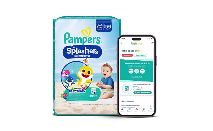 Logo Pampers Club et paquet de couches avec l’application Pampers Club affichée sur un téléphone.