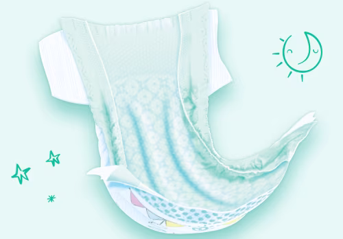 Full view of Pampers Premium Care for Newborn and their seperate components: absorbent core, topsheet, backsheet and fastening system.