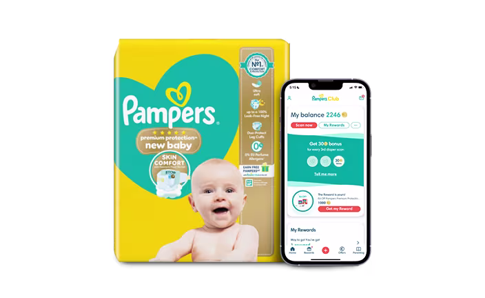 Pampers Club logo and pack of nappies with Pampers Club App shown in a phone