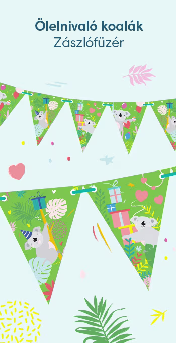 A zászlófüzért alkotó háromszögeken világoszöld háttéren vidám ábrák és motívumok jelennek meg: színes növények, ajándékok, lufik és ölelnivaló koalák.