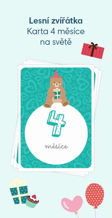 Tištěné karty na oslavu narození miminka. Zdobí je veselé motivy, včetně roztomilého lesního medvěda držícího dárek a nápisu: 4 měsíce na světě!