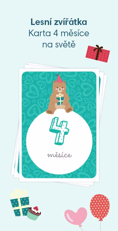 Tištěné karty na oslavu narození miminka. Zdobí je veselé motivy, včetně roztomilého lesního medvěda držícího dárek a nápisu: 4 měsíce na světě!