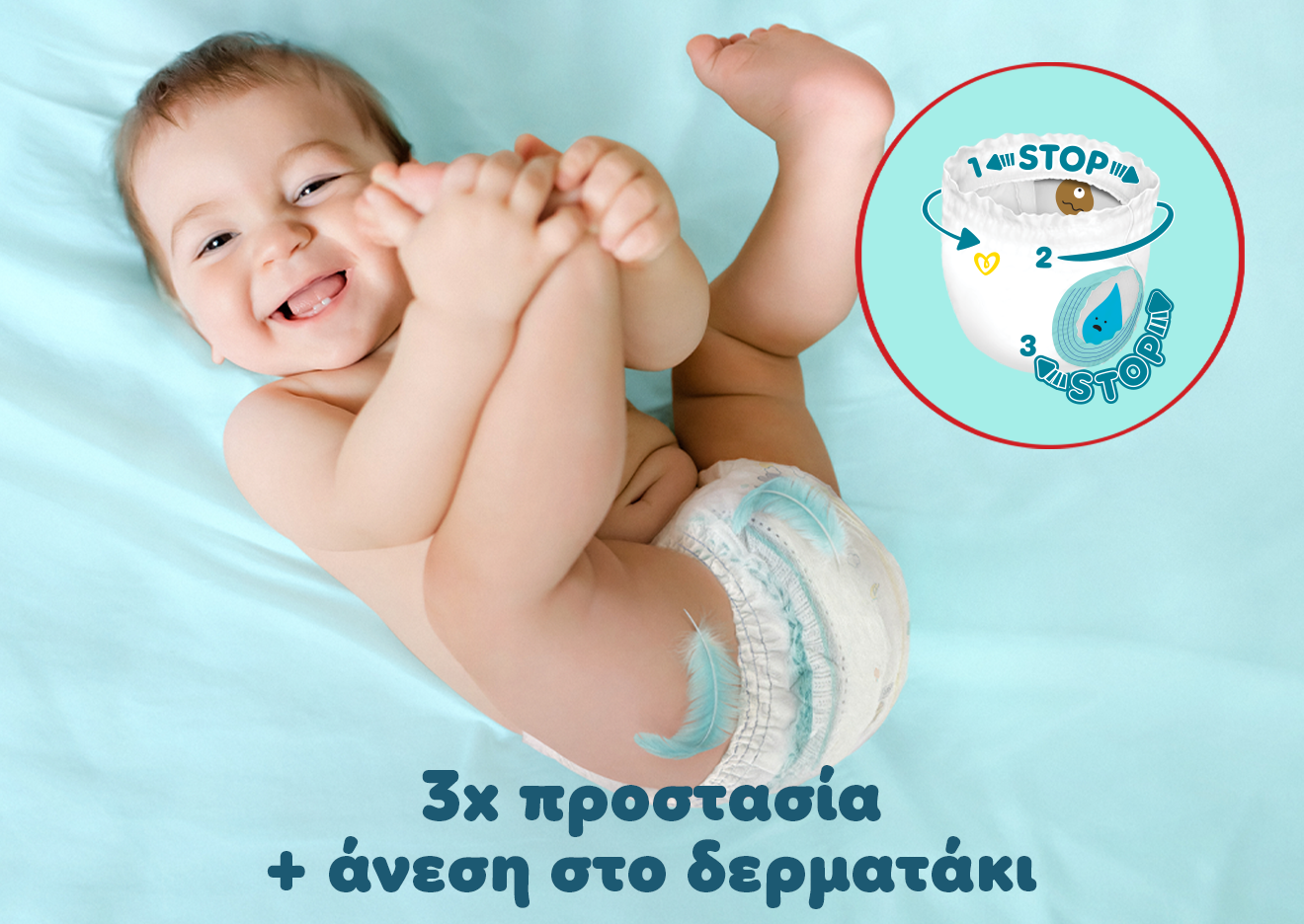 Δίπλα σε μωράκι ξαπλωμένο που φοράει πάνα και χαμογελάει, υπάρχει η φράση «3x προστασία + άνεση στο δερματάκι».