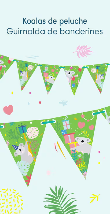 Our pennant banners are decorated with fun illustrations and motifs, with a bright green background, colorful plants, presents, and balloons and the cuddly koala!
