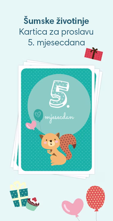 Slavljeničke kartice za proslavu 5. mjesecdana vaše bebe! Ukrašene veselim motivima uključujući preslatku vjevericu s party šeširićem i natpis: 5. mjesecdan