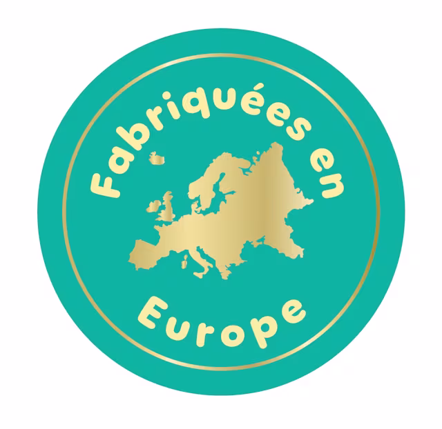 Dark teal blue icon with ‘Made in Europe’ written on it in golden color