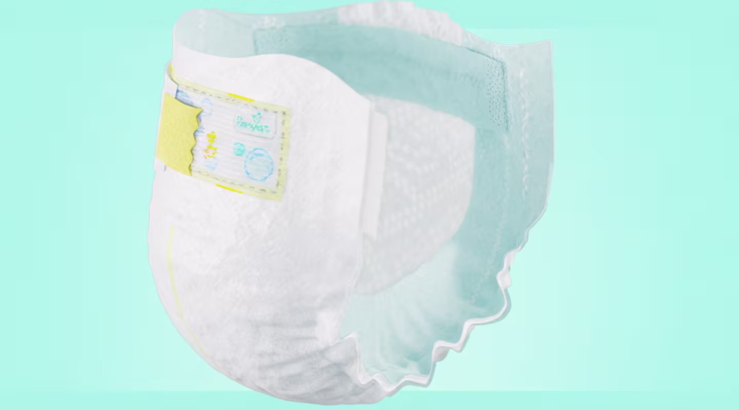 Closed Pampers taped diaper with clickable points highlighting ingredients area. 