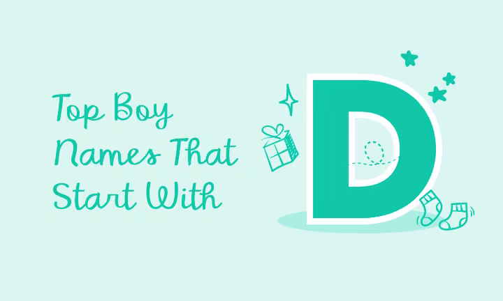 Top boy names that start with 'D' with playful icons of socks and stars.