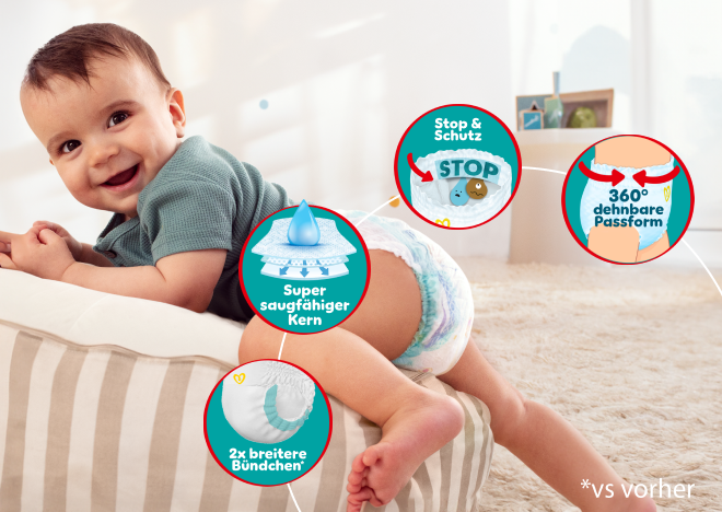 Baby mit Pampers Baby-Dry Pants - 3x Schutz: Stop & Schutz Täschchen, 360° dehnbare Passform, Dopplte Beinbündchen