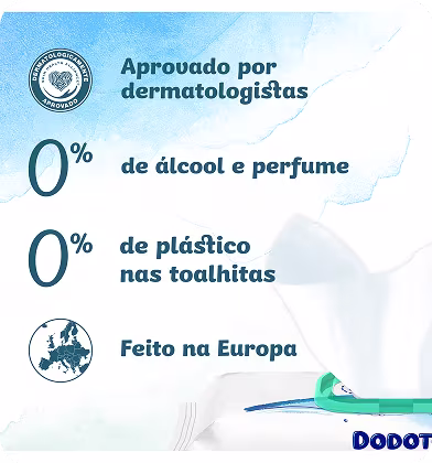 Um plano aproximado das toalhitas Dodot Aqua Pure a serem retiradas da embalagem e a lista de certificações.