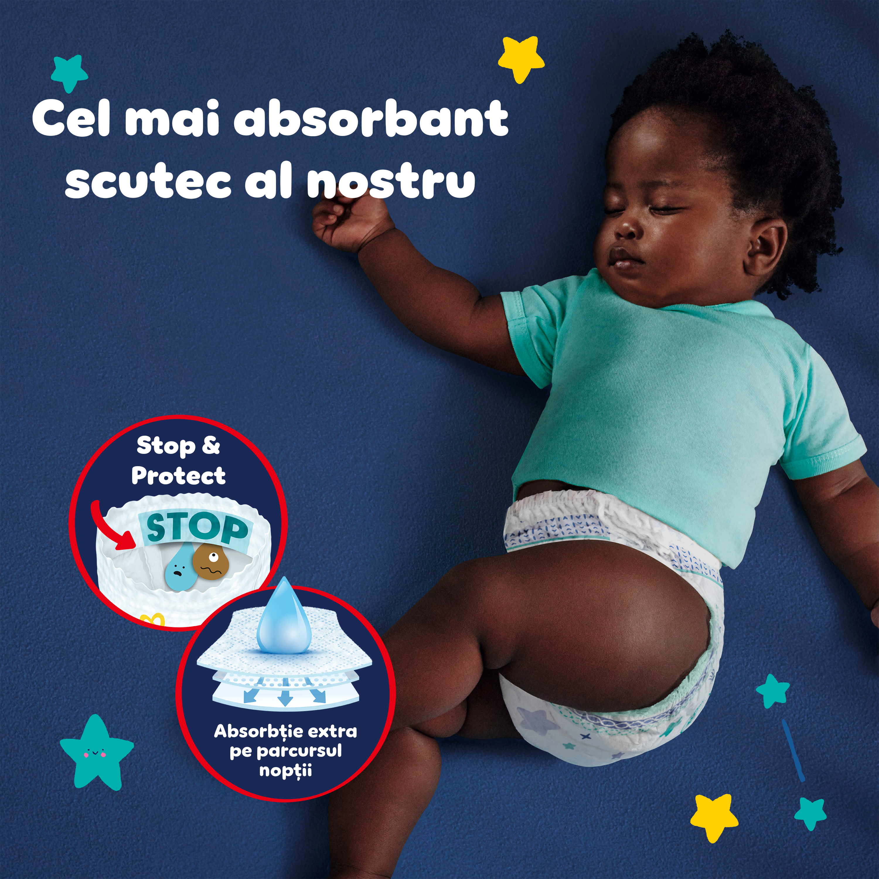 Un bebeluș doarme în pătuțul său iar pe imagine sunt evidențiate beneficiile și scrie: „Cel mai absorbant scutec al nostru, Absorbție extra pe parcursul nopții”