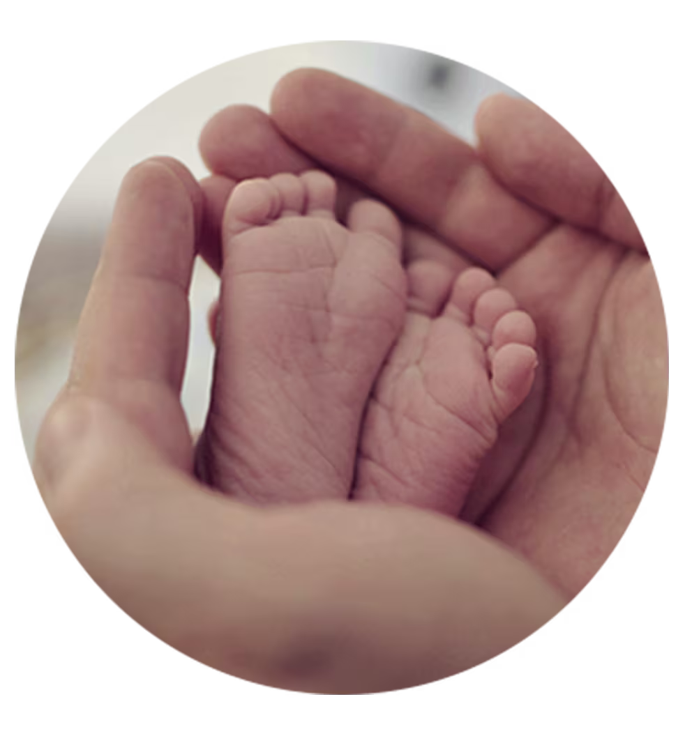 Close-up of an adult's hands gently cradling a newborn baby's tiny feet.
