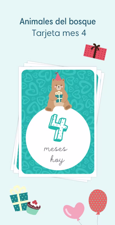 Printed cards to celebrate your baby's birth. Decorated with happy motifs  includinga sweet woodlnad bear holding a present, and a celebration note:4 months old today!