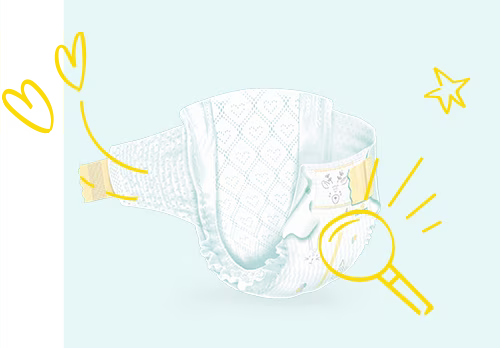 استعراض كامل لحفاضات حفاضات بامبرز بريميوم كير ومكوناتها المختلفة: طبقة أساسية ماصة وطبقة علوية وطبقة خلفية وأربطة مطاطية. حفاضاتنا مزينة بشكل جميل بزخارف مرسومة باليد