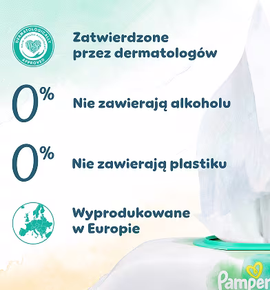 Zbliżenie na chusteczki nawilżane Pampers Harmonie Protect & Care wyciągane z opakowania oraz lista certyfikatów. Zbliżenie na chusteczki nawilżane Pampers Harmonie Protect & Care wyciągane z opakowania oraz lista certyfikatów.