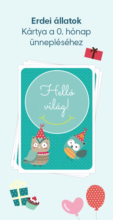Nyomtatható kártya kisbabád születésének megünneplésére. Vidám motívumokkal – például két bagollyal –, valamint az alábbi ünnepi felirattal: Helló világ!