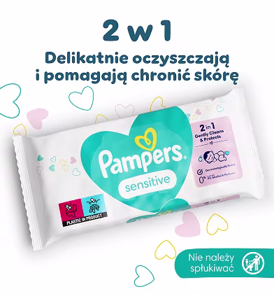 Zbliżenie na paczkę chusteczek nawilżanych Pampers Sensitive. Zbliżenie na paczkę chusteczek nawilżanych Pampers Sensitive.
