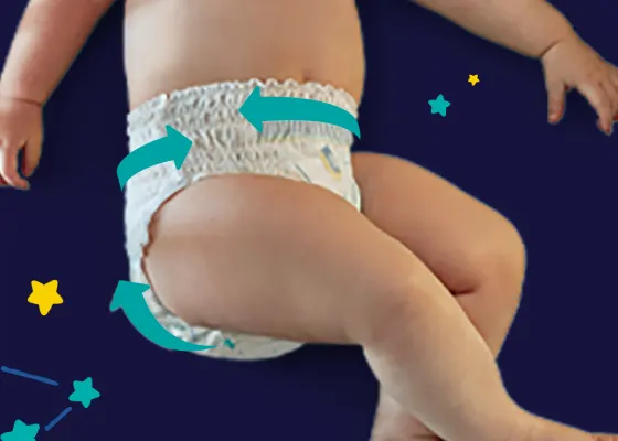 Dítě v plenkách se šipkami, které znázorňují pružný pas po celém obvodu