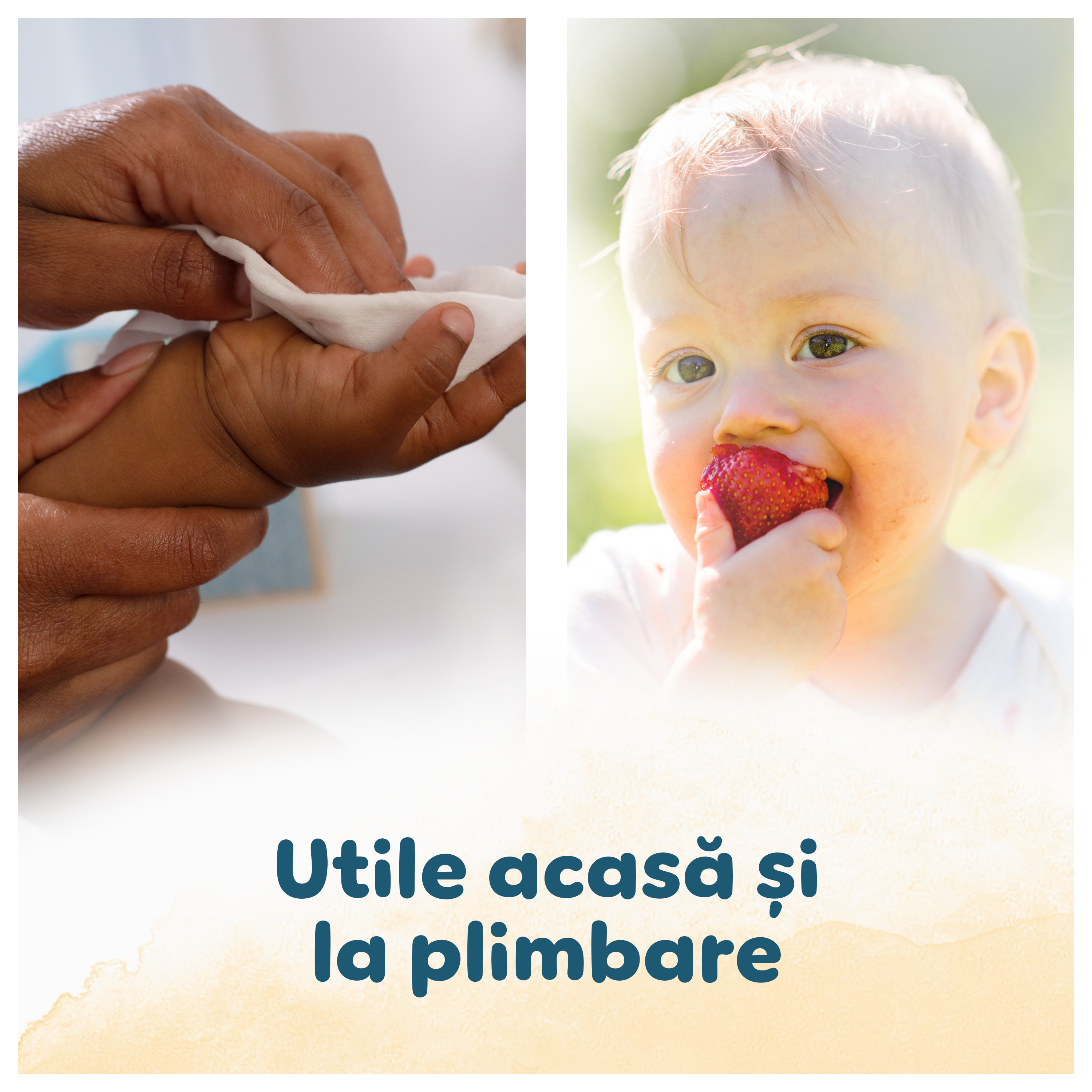 Un colaj de două imagini arată cum șervețelele umede Pampers Harmonie Protect & Care sunt utile atât acasă, cât și în deplasare. Pe partea stângă, un părinte curăță delicat mâna unui bebeluș. Pe partea dreaptă, un bebeluș fericit, purtând o pălărie de soare, se bucură de o gustare de pepene în aer liber.