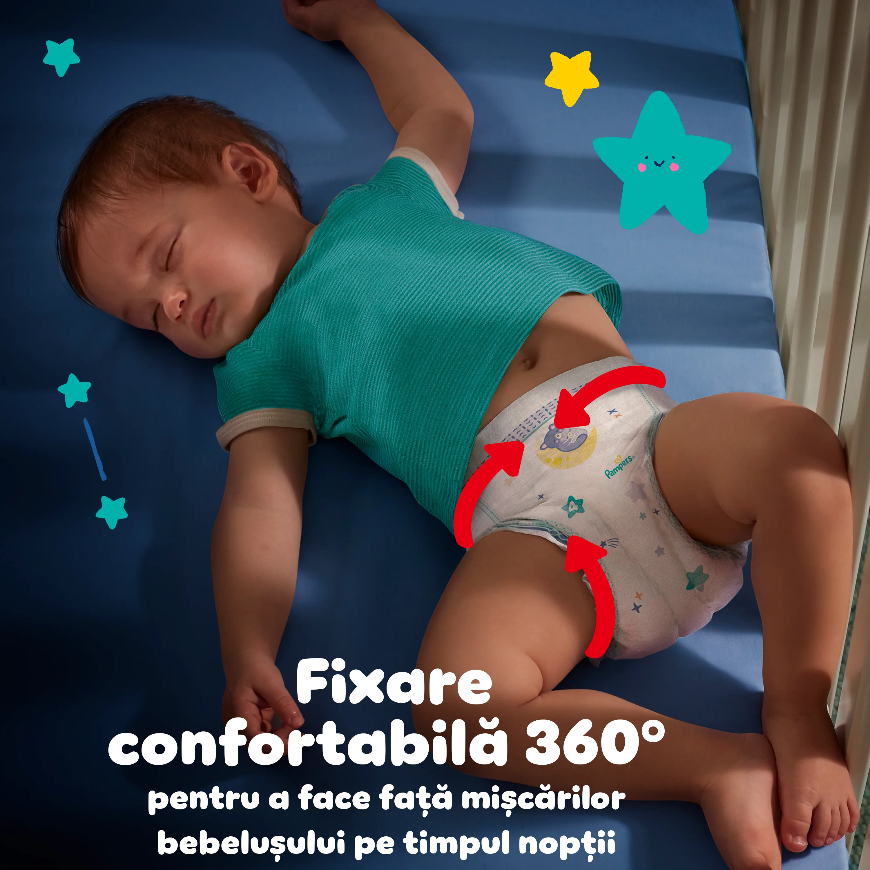 Imagine cu bebeluș care doarme în pătuț și scris: Fixare 360° pentru a se adapta mișcărilor bebelușului pe timpul nopții.