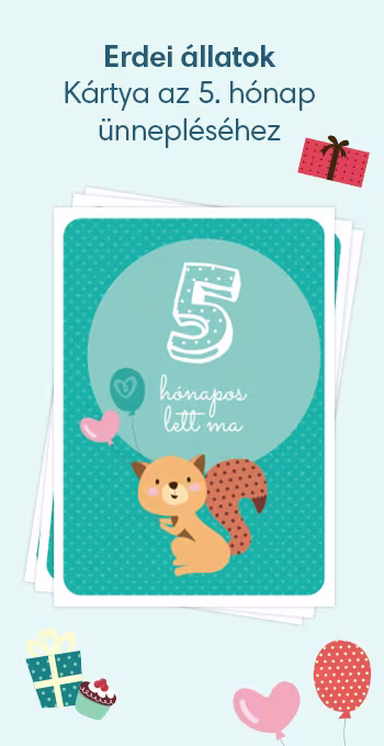 Nyomtatható kártya kisbabád 5 hónapos korának megünneplésére. Vidám motívumokkal – például egy mókussal –, valamint az alábbi ünnepi felirattal: 5 hónapos lett ma!