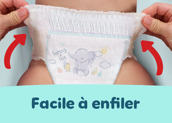 L'image montre une couche-culotte que l'on remonte pour l'enfiler à un bébé