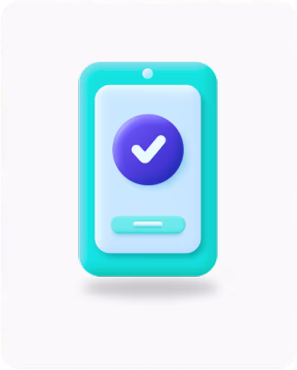 Ilustración de un smartphone con un icono de marca de verificación que representa la descarga y la instalación de la aplicación móvil.