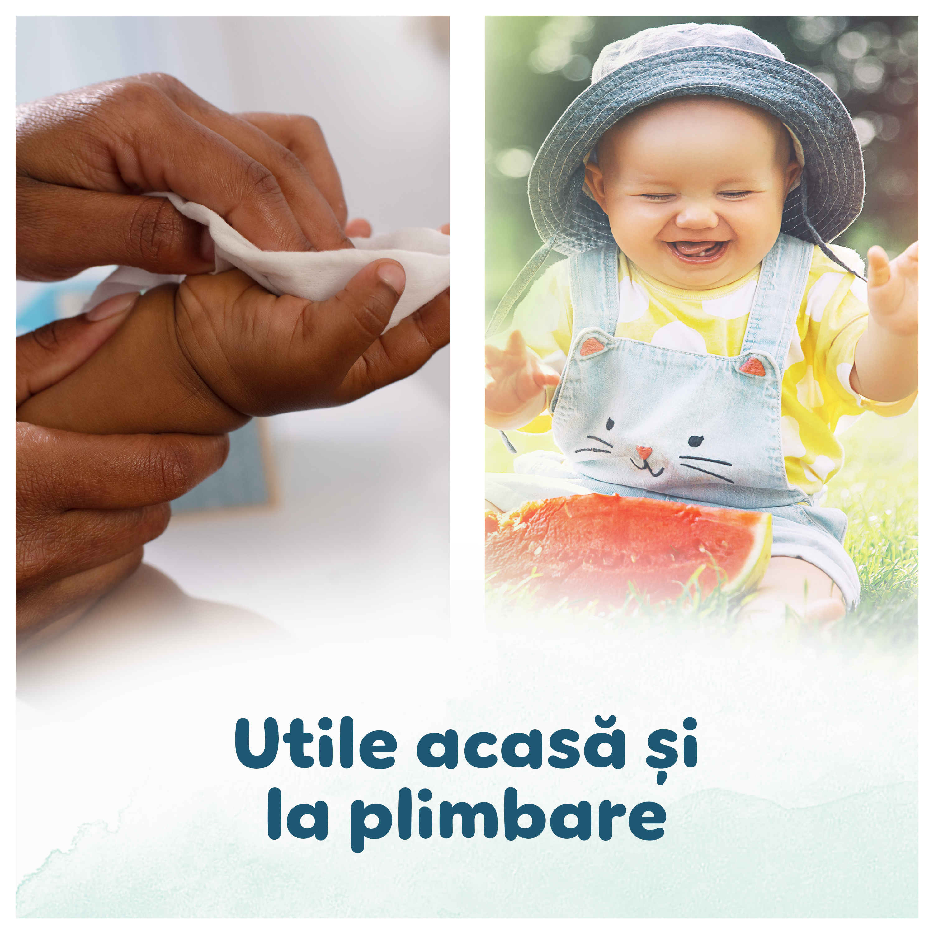 Un colaj de două imagini arată cum șervețelele umede Pampers Harmonie Aqua sunt utile atât acasă, cât și în deplasare. Pe partea stângă, un părinte curăță delicat mâna unui bebeluș. Pe partea dreaptă, un bebeluș fericit, purtând o pălărie de soare, se bucură de o gustare de pepene în aer liber.