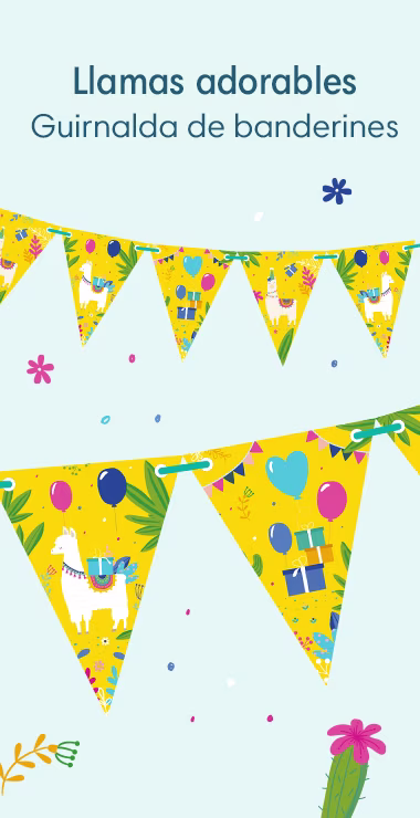 Nuestros banderines están decorados con divertidas ilustraciones y motivos, con un alegre fondo amarillo, plantas verdes, regalos y globos ¡y la adorable llama!