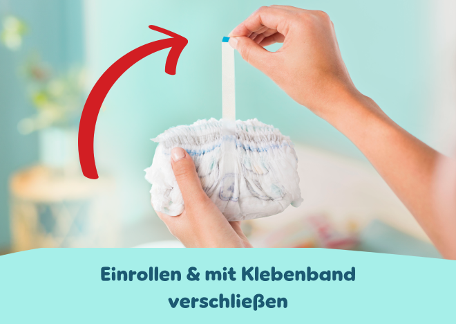 Eine Hand hält die eingerollte Pants und die andere hält das Klebeband noch oben, um die einfach Entsorgung zu verdeutlichen.