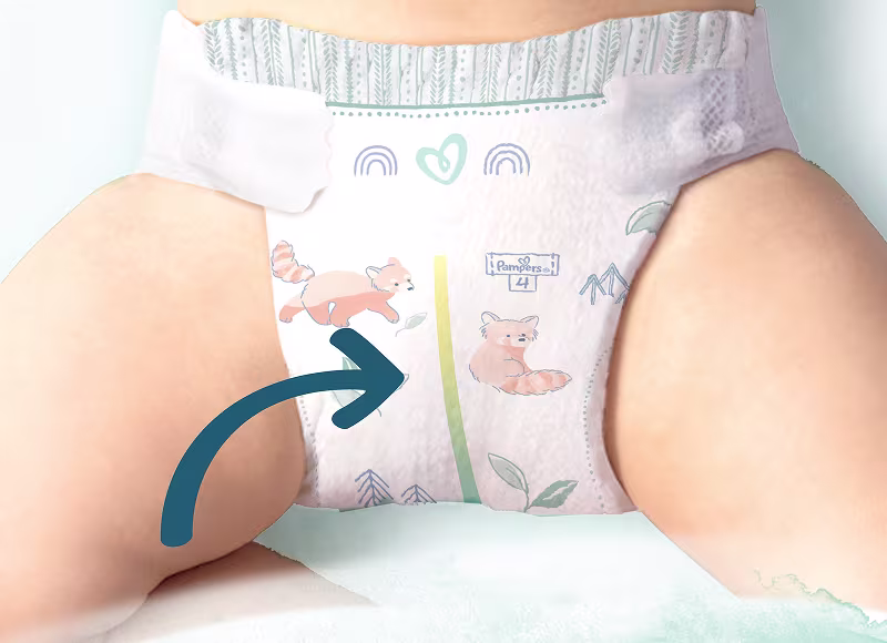 Strzałka wskazująca wskaźnik wilgotności na pieluszce Pampers Harmonie