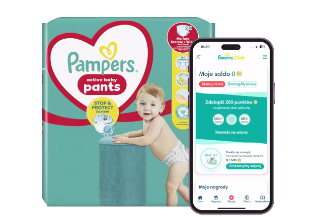 Logo Pampers Club i opakowanie pieluszek z aplikacją Pampers Club pokazaną na telefonie
