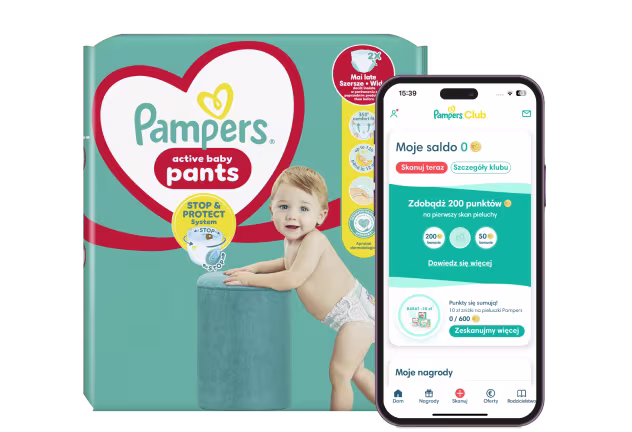 Logo Pampers Club i opakowanie pieluszek z aplikacją Pampers Club pokazaną na telefonie