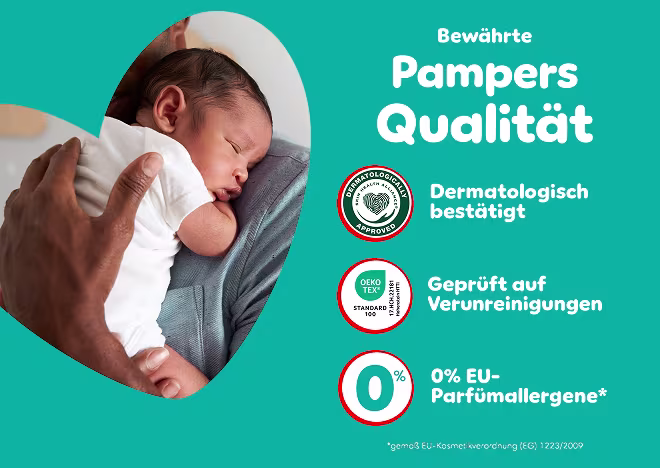 Bewährte Pampers Qualität: Dermatologisch bestätigt, 0% EU-Parfümallergene gemäß EU-Kosmetikverordnung (EG) 1223/2009, Geprüft auf Schadstoffe