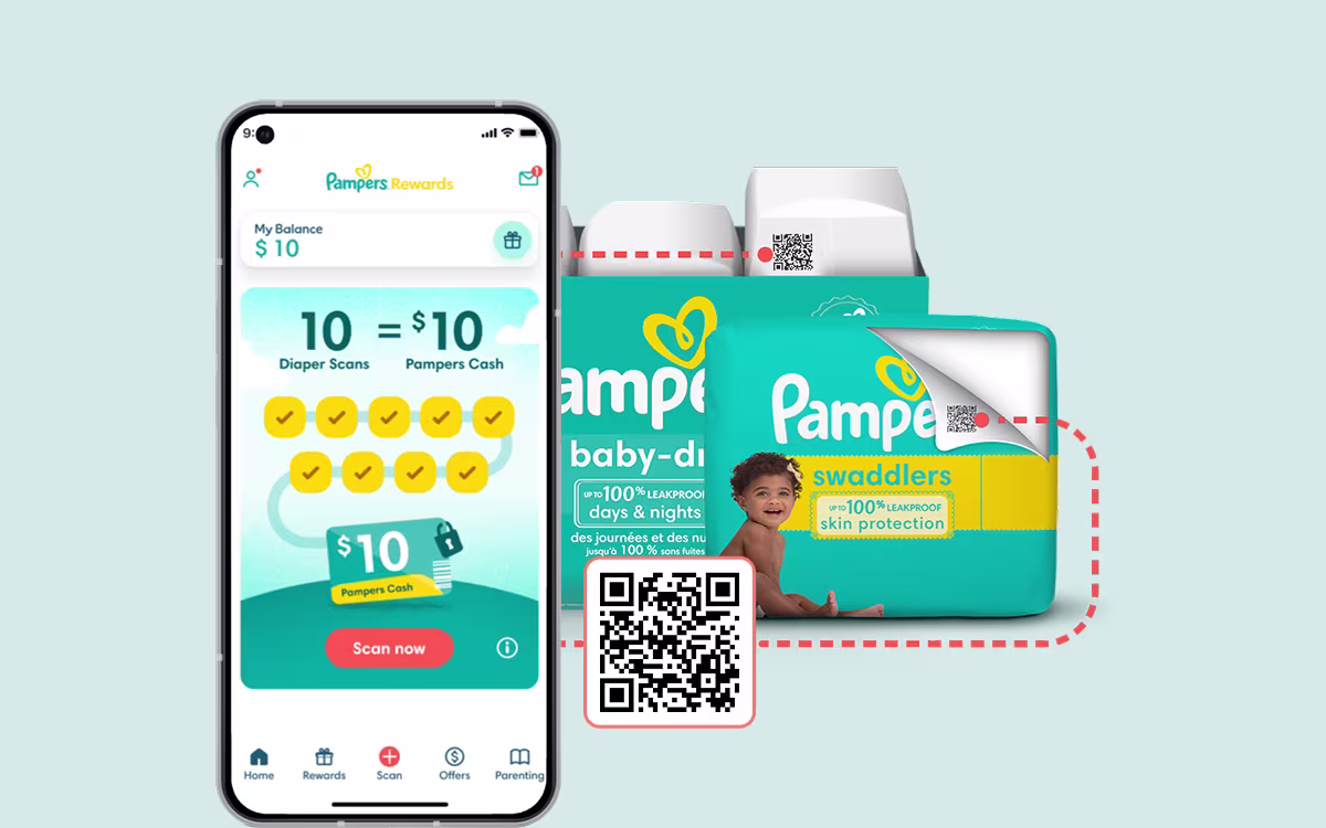 Imagen de la app Pampers Rewards con el código QR dentro del paquete