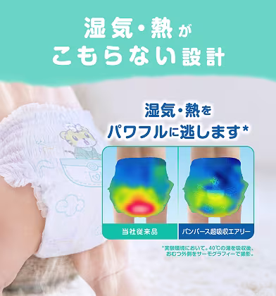 パンパース 超吸収エアリーパンツ - 内外のメッシュ構造と通気フィルムで湿気・熱をパワフルに逃す放湿・放熱設計
