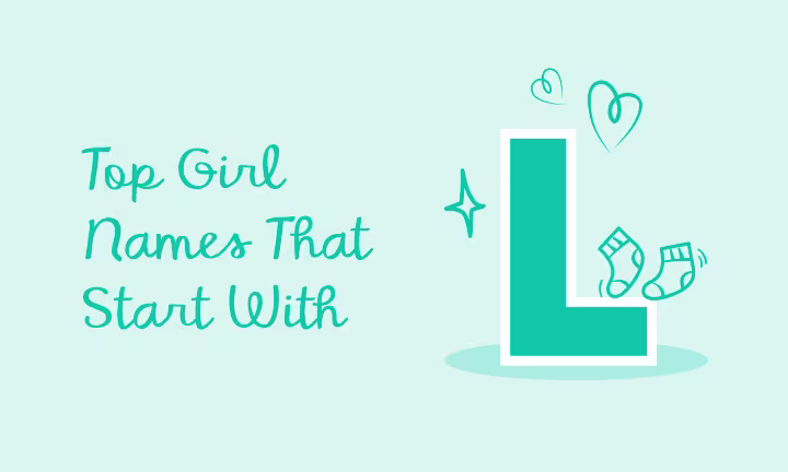 Graphic with "Top Girl Names That Start With L" and illustrations of hearts and socks.