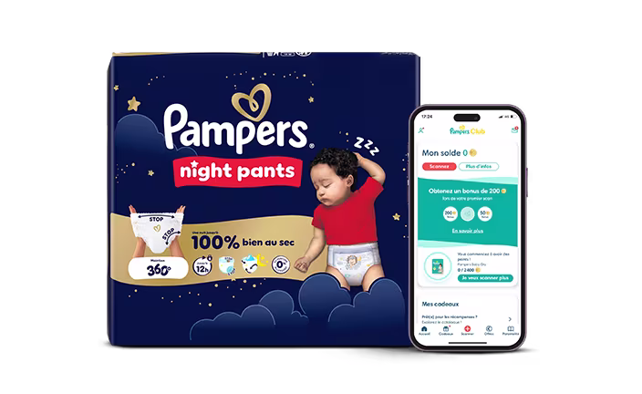 Logo du Club Pampers et paquet de couches avec l'application Pampers Club affichée sur un téléphone.