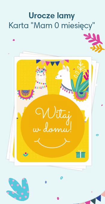 Kartki do druku z okazji narodzin dziecka, ozdobione radosnymi motywami, w tym uroczą lamą i okolicznościowym napisem: Witaj w domu!