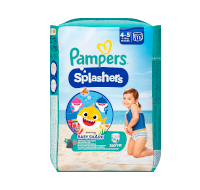 Wizualizacja produktu Pampers Splashers na stronie produktu, idealne do zabawy w wodzie