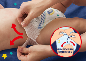 Afbeelding toont hoe je de zijkanten van een luierbroekje openscheurt