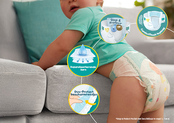 Baby staat rechtop en draagt een Baby-Dry luier met stop 
& protect pocket, rekbare zijkanten, beschermrandjes 
rond de beentjes en een superabsorberende kern