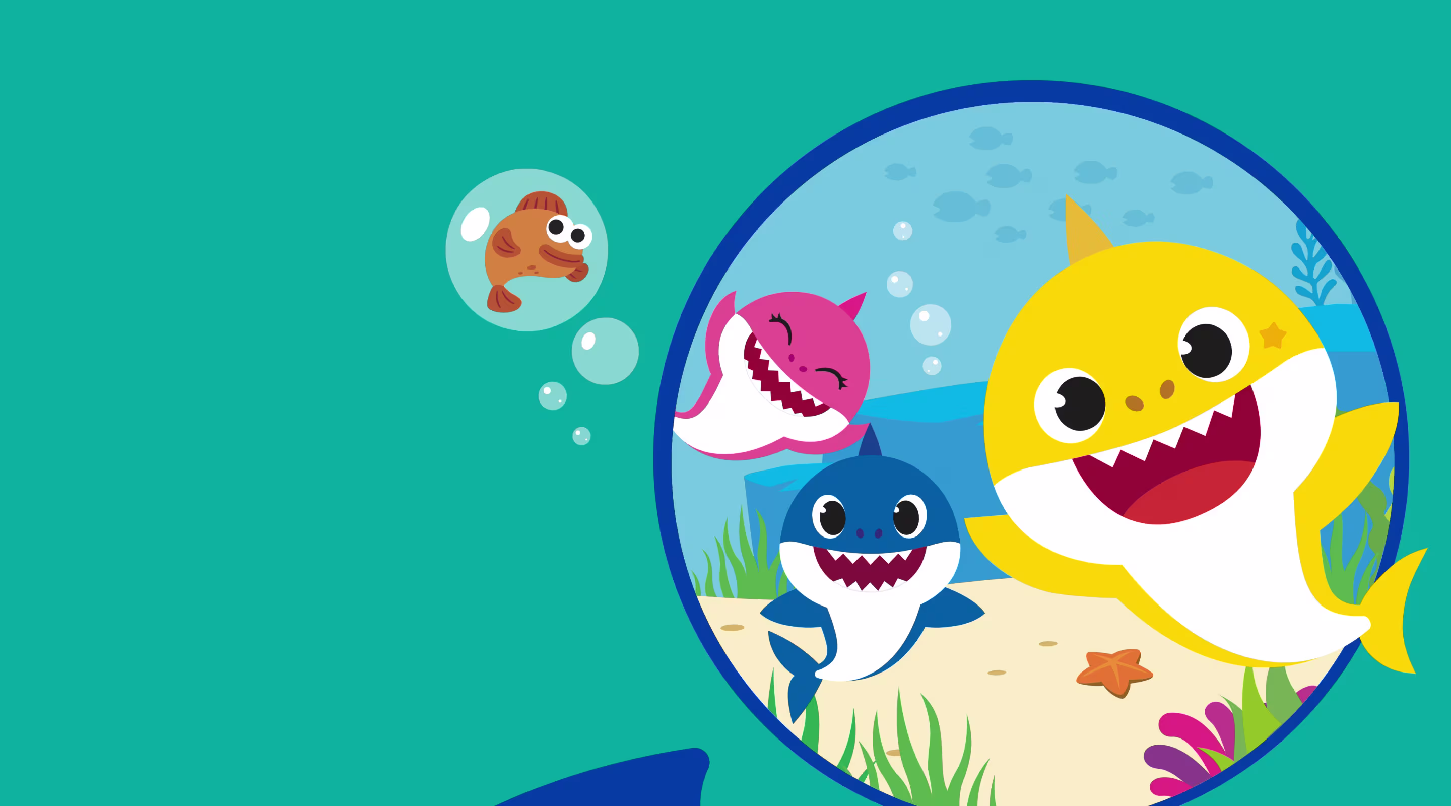 Illustration des personnages de Baby Shark, mettant en évidence le design Baby Shark des Pampers® Splashers.