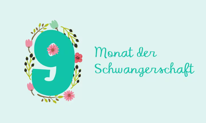 Türkise Zahl 9 umrahmt von einem Blumenkranz – 9. Schwangerschaftsmonat