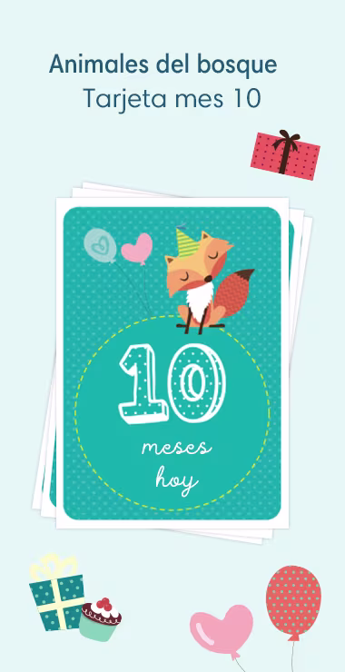 Printed cards to celebrate your baby's birth. Decorated with happy motifs  includinga woodland fox in a party hat and a celebration note: 10 months today!