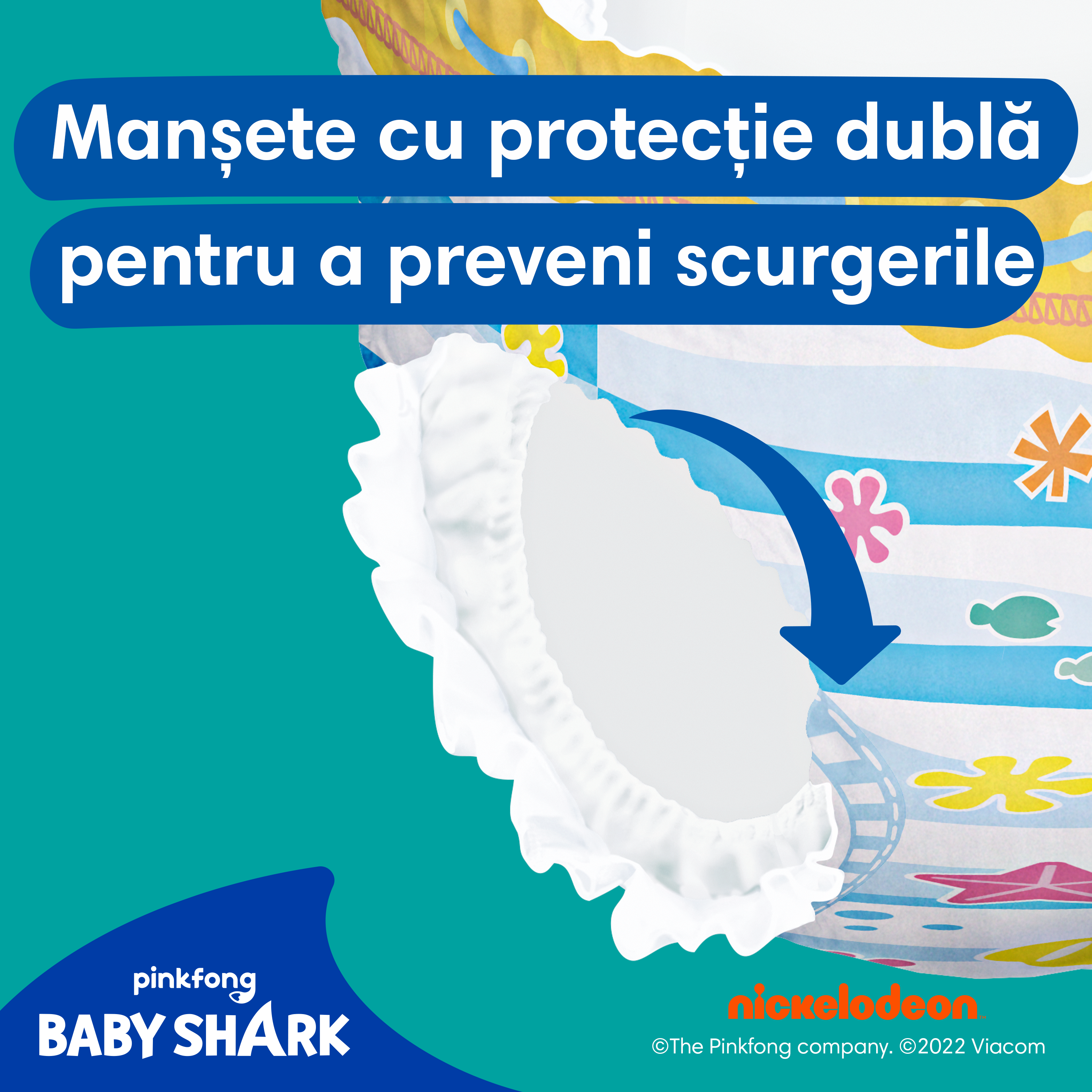 Imagine close-up cu manșetele scutecelor-chiloțel și textul <<Manșete cu dublă protecție pentru a preveni scurgeril>>e.