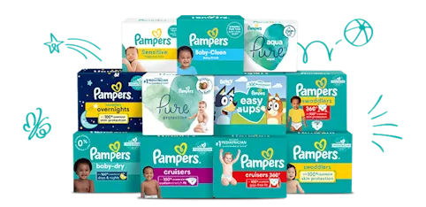 Catálogo de productos Pampers: pañales, calzoncitos y toallitas húmedas.