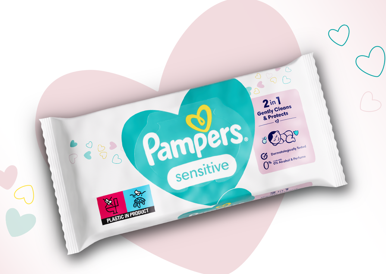 Imagine cu două inimi roz pe background, iar în mijlocul se află pachetul de șervețele umede Pampers Sensitive.